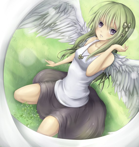 Anime picture 1250x1315 with original shintani tsushiya single long hair tall image sitting bare shoulders green hair black eyes angel wings girl skirt hair ornament wings pendant