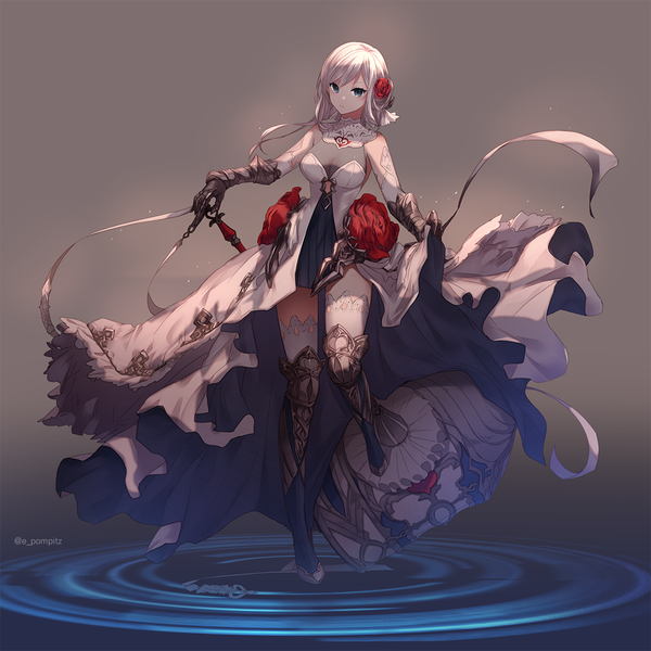Anime picture 1200x1200 with sinoalice snow white (sinoalice) pompitz single long hair looking at viewer fringe breasts light erotic simple background large breasts standing holding signed full body bent knee (knees) white hair hair flower grey background shadow