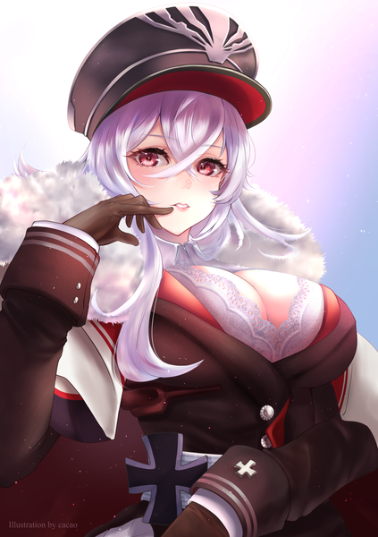 Anime picture 1000x1417 with azur lane graf zeppelin (azur lane) cacaofire single long hair tall image looking at viewer blush fringe breasts light erotic simple background hair between eyes red eyes large breasts signed cleavage silver hair upper body long sleeves