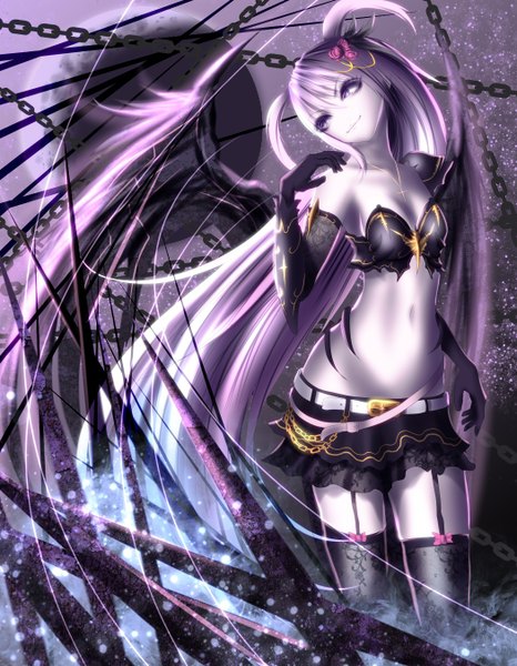 Anime picture 1050x1350 with original yusuke (shiota) single tall image smile standing purple eyes bare shoulders looking away purple hair very long hair bare belly purple background girl thighhighs skirt gloves navel hair ornament bow
