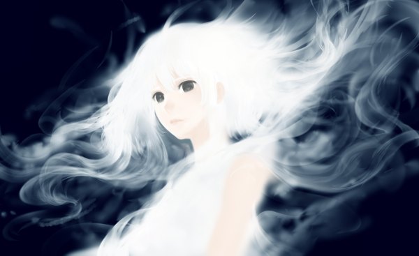Anime picture 1250x765 with original bounin single long hair fringe simple background wide image looking away upper body white hair black eyes monochrome dark background smoke girl