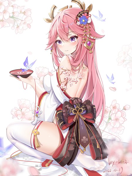 Anime picture 1275x1700 with genshin impact yae miko miaogujun single long hair tall image blush fringe light erotic hair between eyes white background sitting purple eyes bare shoulders signed looking away pink hair full body bent knee (knees) traditional clothes