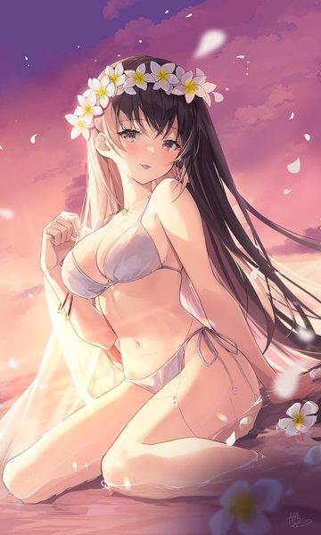 Anime picture 1800x3000 with original kagachi saku single long hair tall image looking at viewer blush fringe highres breasts light erotic brown hair large breasts sitting brown eyes signed sky cloud (clouds) arm support partially submerged