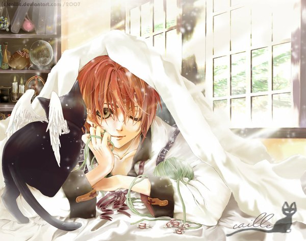 Anime picture 1024x807 with original caille short hair green eyes red hair lying one eye closed wink inscription light boy bow animal wings food window sweets book (books) bed cat
