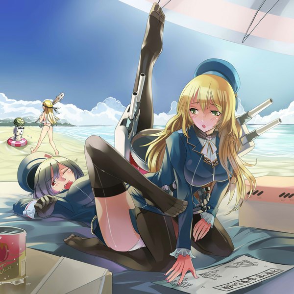 Anime picture 1000x1000 with kantai collection shimakaze destroyer rensouhou-chan atago heavy cruiser takao heavy cruiser long hair blush short hair open mouth light erotic blonde hair red eyes sitting multiple girls green eyes sky cloud (clouds) ass lying one eye closed
