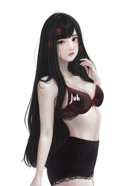 Anime picture 1920x2716 with original alyssa (jubi) jubi (regiana) single long hair tall image looking at viewer highres breasts light erotic black hair red eyes white background bare shoulders signed upper body parted lips arm up realistic bare belly