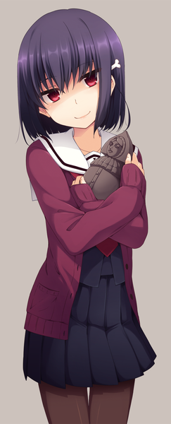 Anime picture 600x1478 with original nagami yuu single tall image looking at viewer short hair black hair smile red eyes girl skirt uniform school uniform