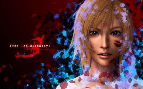 Anime-Bild 1280x800 mit the 3rd birthday (game) aya brea lyzeravern single short hair blue eyes blonde hair wide image bare shoulders lips realistic inscription portrait face girl blood