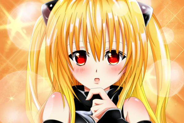 Anime picture 1980x1325 with toloveru toloveru darkness xebec konjiki no yami kuroxfire single long hair blush highres open mouth blonde hair red eyes twintails embarrassed coloring portrait light face orange background girl