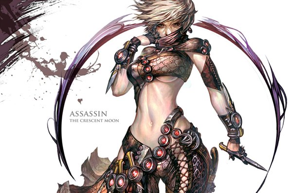 Anime picture 1000x664 with guild wars 2 thefirstcolor (artist) single looking at viewer short hair light erotic blonde hair midriff assassin girl gloves navel weapon mask dagger