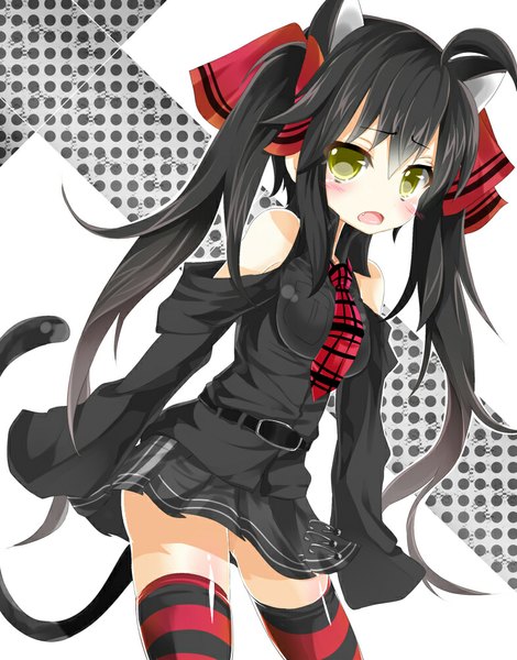 Anime picture 784x1000 with original kazu kakao single long hair tall image blush open mouth black hair twintails animal ears yellow eyes ahoge tail animal tail cat ears cat girl cat tail girl thighhighs skirt