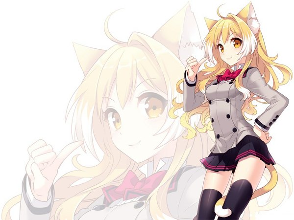 Anime picture 1024x768 with kanojo ni mimi to shippo ga tsuiteru riyuu wo setsumei dekinai komiya yumina nardack single long hair looking at viewer simple background blonde hair smile standing white background animal ears yellow eyes pleated skirt light smile cat ears cat girl cat tail hand on hip wavy hair