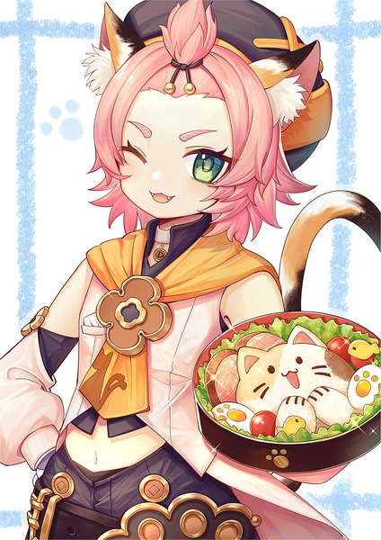 Anime picture 2605x3684 with genshin impact diona (genshin impact) kfr2 2 single tall image looking at viewer blush highres short hair open mouth green eyes animal ears pink hair indoors tail animal tail one eye closed wink cat ears sparkle