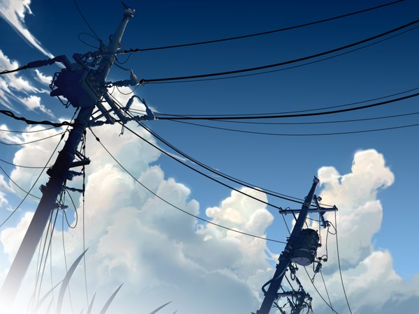 Anime picture 1600x1200 with original scaji highres sky cloud (clouds) landscape power lines