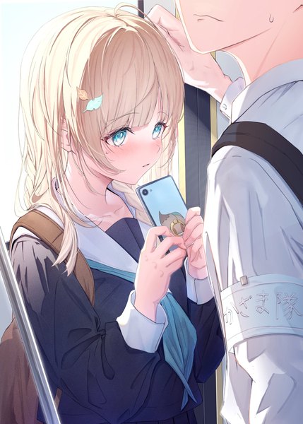 Anime-Bild 2591x3624 mit virtual youtuber hololive kazama iroha rin (rin illust 0805) long hair tall image blush fringe highres open mouth blue eyes blonde hair holding upper body arms up sweat alternate costume embarrassed looking up train interior