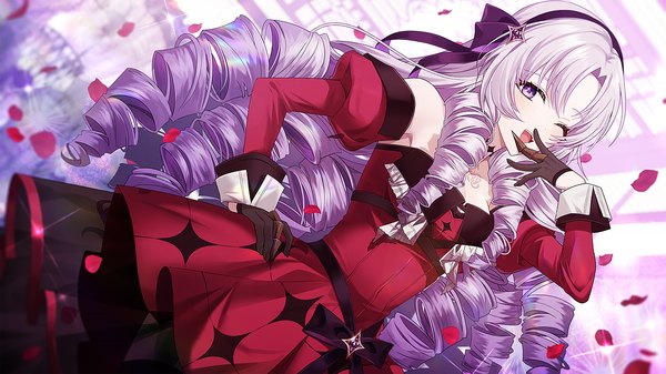 Anime picture 1400x787 with virtual youtuber nijisanji hyakumantenbara salome hyakumantenbara salome (1st costume) hina (yys8487) single long hair looking at viewer open mouth wide image purple eyes purple hair one eye closed wink dutch angle hand on hip drill hair ;d hand to mouth girl