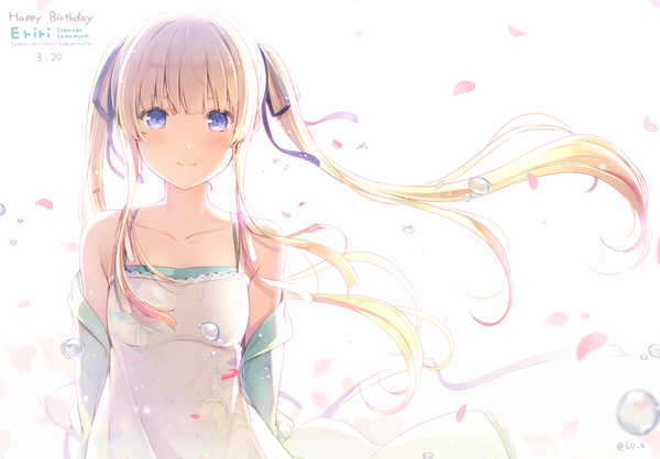 Anime picture 1000x697 with saenai heroine no sodatekata a-1 pictures sawamura spencer eriri 6u (eternal land) single long hair blush fringe blue eyes simple background blonde hair white background twintails bare shoulders signed payot blunt bangs light smile wind off shoulder