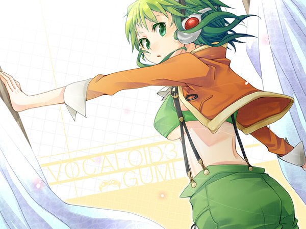 Anime picture 1024x768 with vocaloid gumi single short hair breasts light erotic large breasts standing green eyes looking back green hair twisty sleeves girl jacket shorts headphones suspenders