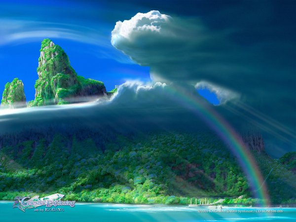 Anime picture 1600x1200 with kagaya sky cloud (clouds) landscape rock 3d overgrown water sea rainbow