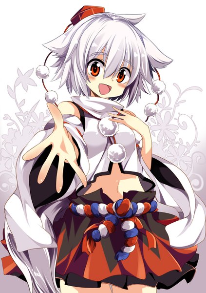 Anime picture 1000x1419 with touhou inubashiri momiji matsuri uta single tall image looking at viewer blush short hair open mouth red eyes bare shoulders animal ears silver hair tail animal tail outstretched arm wolf ears wolf tail wolf girl girl