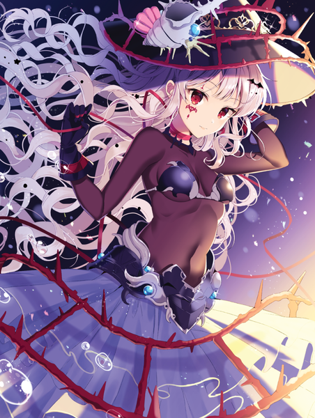 Anime picture 707x938 with original pinb single long hair tall image fringe breasts light erotic red eyes silver hair covered navel wavy hair arm behind head girl gloves ribbon (ribbons) hat black gloves bubble (bubbles) seashell