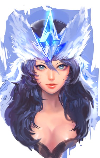 Anime picture 800x1262 with league of legends sivir (league of legends) yy6242 single long hair tall image looking at viewer blue eyes black hair simple background lips face girl crown