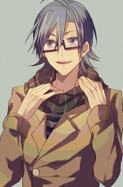 Anime picture 552x837 with yowamushi pedal sangaku manami ailm single tall image short hair open mouth blue eyes simple background smile blue hair looking away ahoge grey background bespectacled boy glasses scarf cloak striped scarf