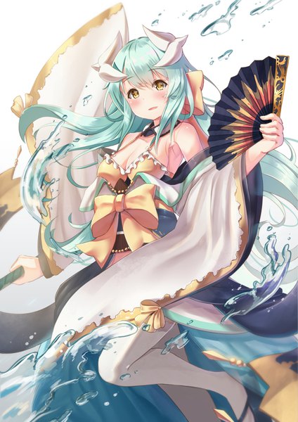 Anime picture 2480x3508 with fate (series) fate/grand order kiyohime (fate) kiyohime (swimsuit lancer) (fate) holmemee single long hair tall image looking at viewer blush fringe highres breasts open mouth light erotic hair between eyes standing white background bare shoulders holding