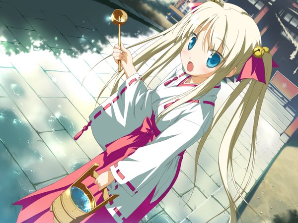 Anime picture 1600x1200 with hoshizora no memoria hisakaki komomo shida kazuhiro long hair blush open mouth blue eyes blonde hair twintails game cg miko girl water bell