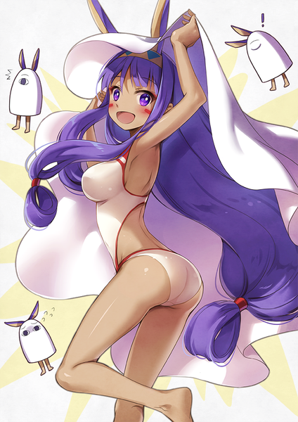 Anime picture 707x1000 with fate (series) fate/grand order nitocris (fate) medjed nitocris (swimsuit assassin) (fate) nyanya single long hair tall image looking at viewer blush fringe breasts open mouth light erotic smile standing purple eyes animal ears purple hair