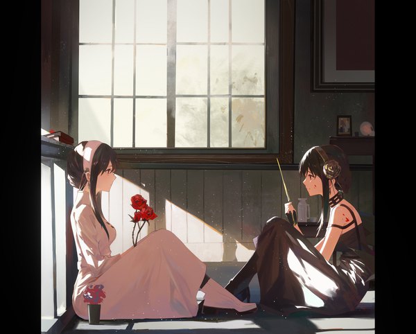 Anime picture 4093x3285 with spy x family yor briar zzz zhi he long hair highres black hair red eyes multiple girls looking away absurdres profile shadow dual persona blood on face pillarboxed girl dress weapon 2 girls window