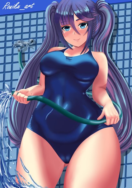 Anime-Bild 3508x4961 mit genshin impact mona megistus ronikx art single long hair tall image looking at viewer fringe highres breasts blue eyes light erotic smile hair between eyes large breasts standing twintails holding signed payot