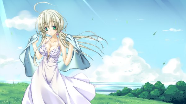 Anime picture 1280x720 with original argenteumastrum single long hair breasts wide image green eyes sky cloud (clouds) white hair girl dress