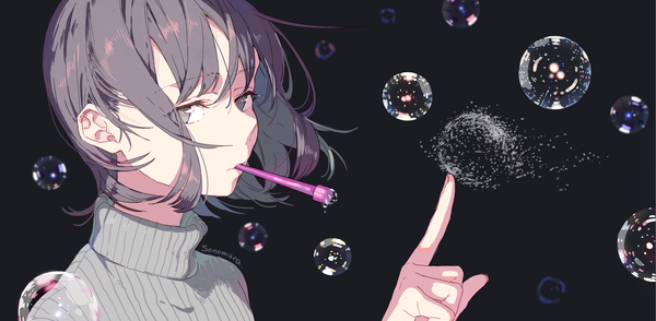 Anime picture 1515x744 with original sonomura (debole) single fringe short hair simple background brown hair wide image holding grey eyes mouth hold black background girl sweater bubble (bubbles)