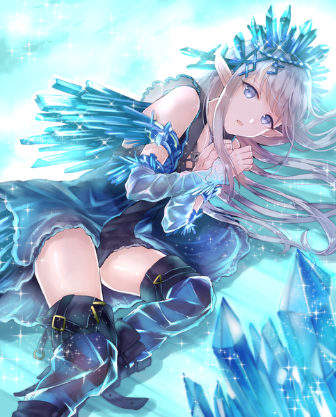 Anime picture 900x1117 with granblue fantasy erin (granblue fantasy) myusha single long hair tall image fringe open mouth blue eyes light erotic blonde hair hair between eyes lying pointy ears grey hair sparkle zettai ryouiki hand on chest blue background hands clasped