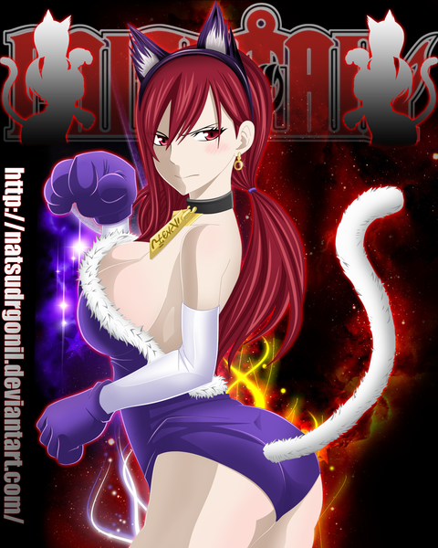 Anime picture 1639x2049 with fairy tail erza scarlet natsudrgonil single long hair tall image blush light erotic red eyes animal ears red hair looking back cat ears inscription cat girl cat tail coloring girl earrings fur
