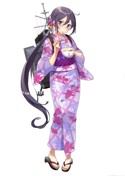 Anime picture 4091x5749 with kantai collection nyantype akebono destroyer single long hair tall image looking at viewer blush highres open mouth black hair simple background white background purple eyes absurdres ponytail traditional clothes japanese clothes hair flower official art