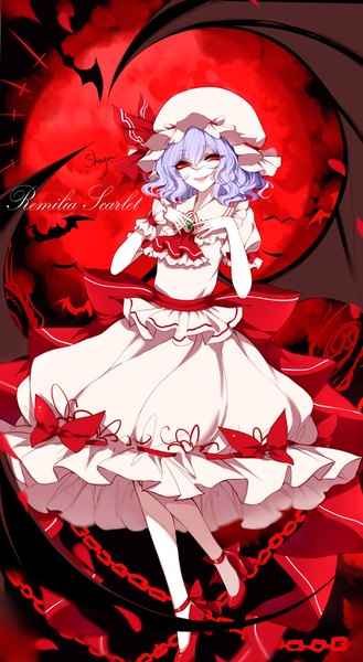 Anime picture 2140x3900 with touhou remilia scarlet sheya single tall image looking at viewer fringe highres short hair open mouth smile hair between eyes red eyes purple hair full body nail polish short sleeves puffy sleeves wavy hair demon wings
