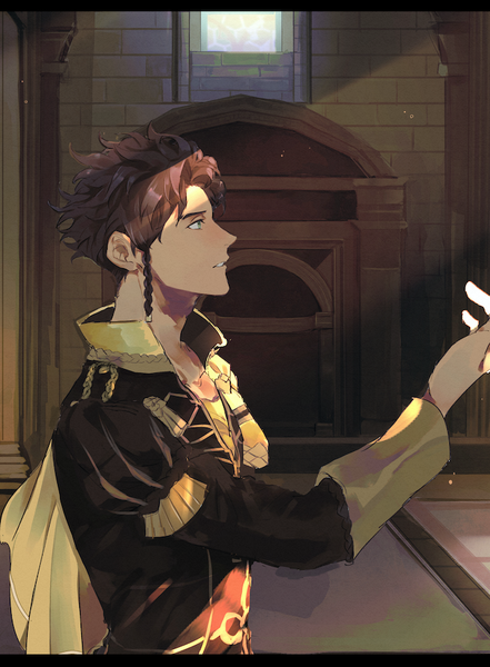 Anime picture 662x900 with fire emblem fire emblem: three houses nintendo claude von riegan rschclg single tall image short hair brown hair green eyes looking away indoors long sleeves parted lips profile boy uniform military uniform