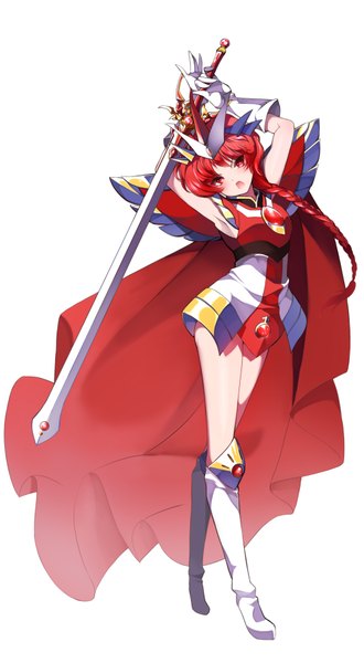 Anime picture 2000x3627 with magic knight rayearth clamp shidou hikaru briska single long hair tall image looking at viewer highres open mouth simple background red eyes standing white background holding red hair braid (braids) head tilt arms up armpit (armpits)