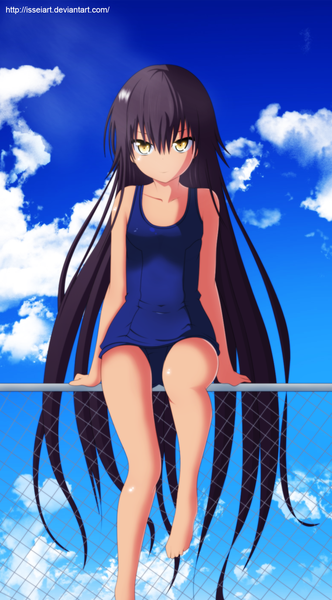 Anime picture 900x1627 with toloveru toloveru darkness xebec master nemesis isseiart single tall image light erotic black hair yellow eyes sky cloud (clouds) very long hair legs coloring girl swimsuit one-piece swimsuit school swimsuit fence