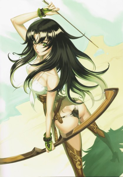 Anime picture 2100x3018 with eiwa single long hair tall image highres light erotic green eyes green hair girl underwear panties bow (weapon) arrow (arrows)