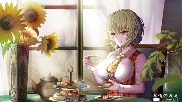 Anime picture 1502x846 with touhou kazami yuuka siji de xianhua single fringe short hair breasts light erotic hair between eyes wide image large breasts sitting holding brown eyes signed looking away upper body indoors green hair light smile