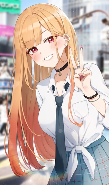 Anime picture 1500x2559 with sono bisque doll wa koi wo suru cloverworks kitagawa marin gya (144) single long hair tall image looking at viewer blush blonde hair smile red eyes outdoors nail polish fingernails blurry grin victory long fingernails front-tie top