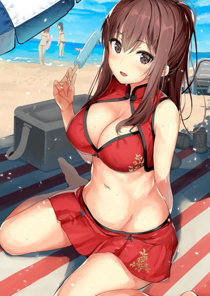 Anime picture 752x1062 with original body mahattaya ginga long hair tall image looking at viewer blush fringe breasts open mouth light erotic smile hair between eyes brown hair large breasts sitting multiple girls holding sky bent knee (knees) outdoors
