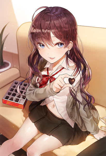 Anime picture 1000x1464 with idolmaster idolmaster cinderella girls ichinose shiki kim eb long hair tall image fringe open mouth blue eyes hair between eyes brown hair sitting holding looking away ahoge :d depth of field solo focus open collar partially open clothes