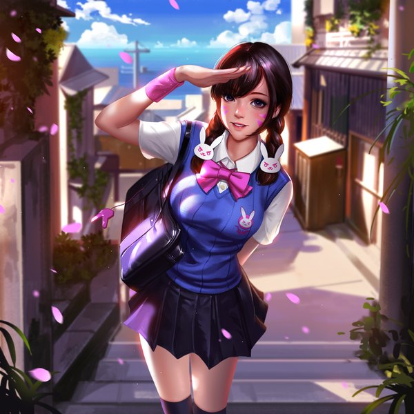 Anime picture 6000x6000 with overwatch blizzard entertainment d.va (overwatch) liang xing single long hair looking at viewer blush fringe highres breasts brown hair standing brown eyes absurdres sky cloud (clouds) outdoors braid (braids) parted lips