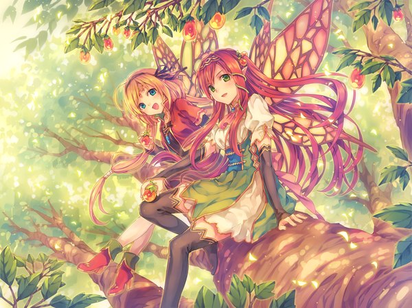 Anime picture 1232x923 with original natsu natsuna long hair blush open mouth blue eyes blonde hair multiple girls green eyes red hair pointy ears insect wings butterfly wings girl thighhighs dress hair ornament black thighhighs 2 girls plant (plants)