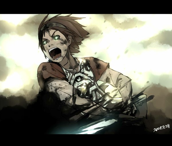 Anime picture 1060x900 with shadow of the colossus wander shihou (g-o-s) single short hair open mouth brown hair screaming boy sword hairband