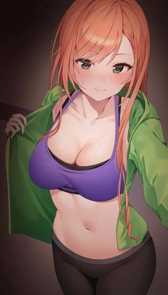 Anime picture 1500x2628 with idolmaster idolmaster shiny colors arisugawa natsuha reel (riru) single long hair tall image looking at viewer blush fringe breasts light erotic simple background large breasts standing holding cleavage long sleeves orange hair open jacket